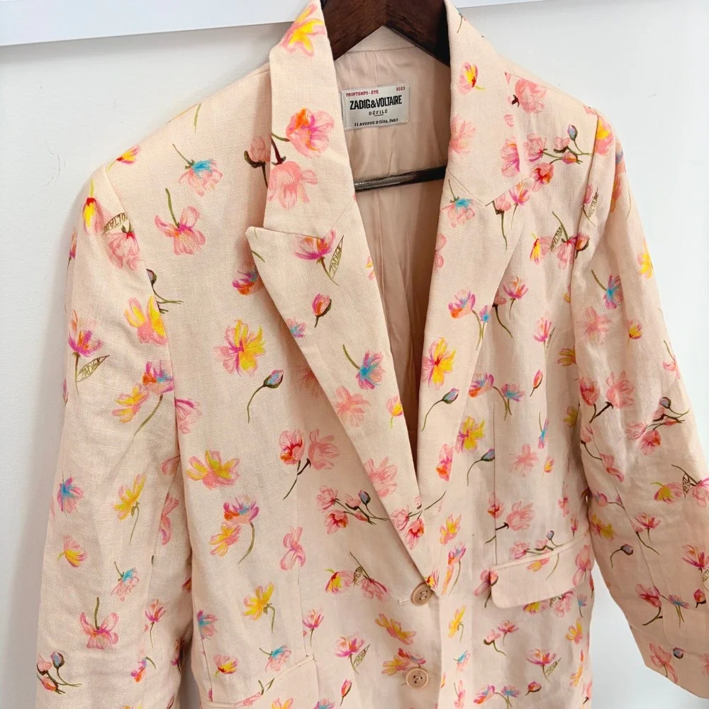 Zadig &‎ Voltaire Courtney Vegy Linen Blazer Jacket Sz XL / EU 42 Pink Floral